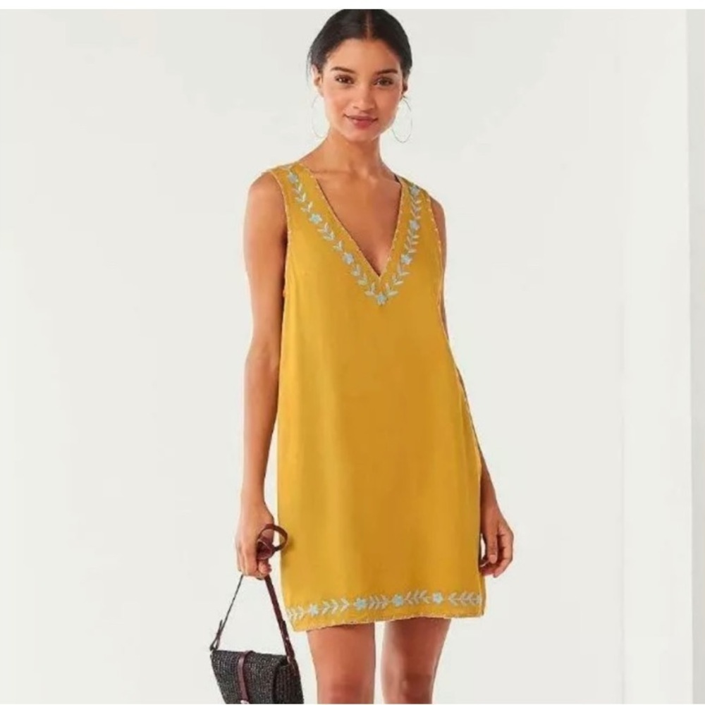 Urban Outfitters Mustard Yellow Embroidered V-Neck Shift Dress